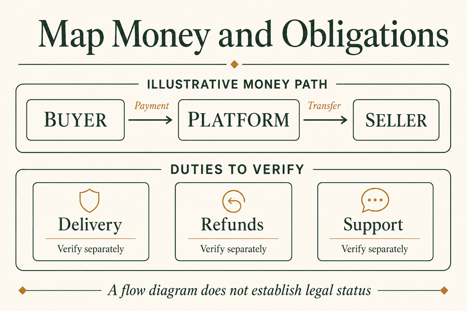 A payment path does not settle who owes delivery, refunds, or support.