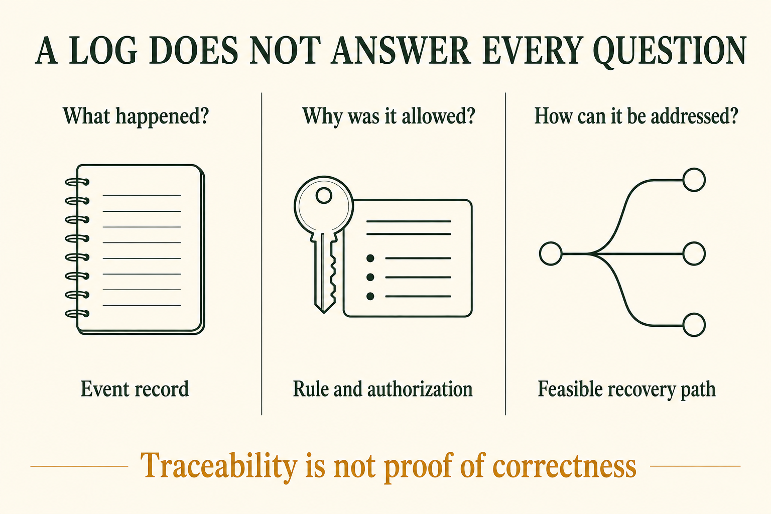 Event records, authorization and feasible recovery answer different questions.