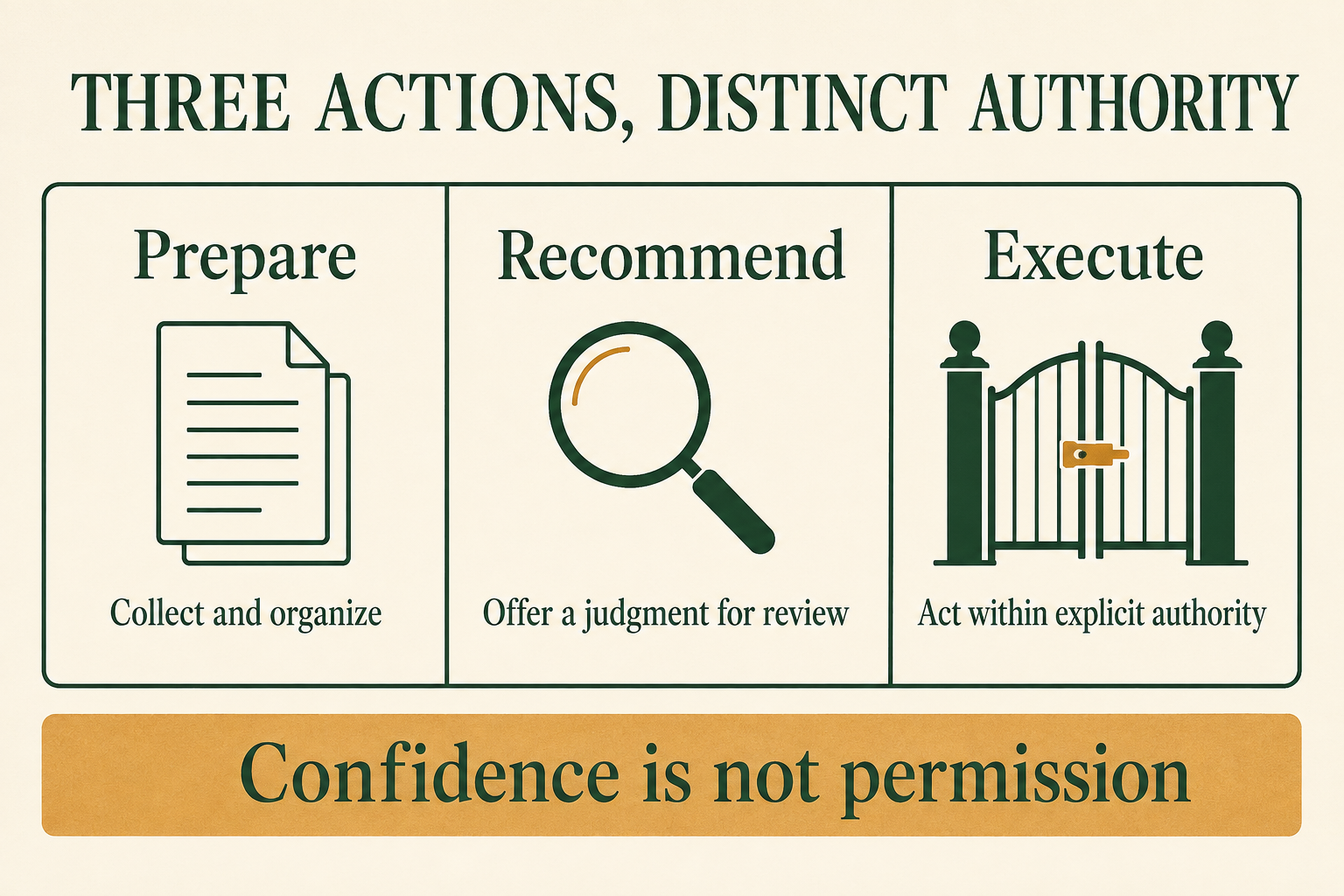 Preparation, recommendation and execution require distinct authority; confidence creates no permission.