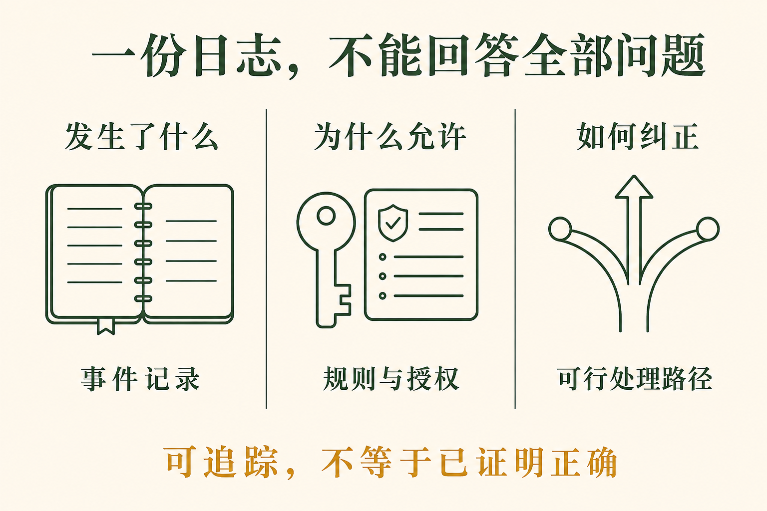 事件、授权与纠正路径分别回答不同问题，记录存在不等于已经正确。