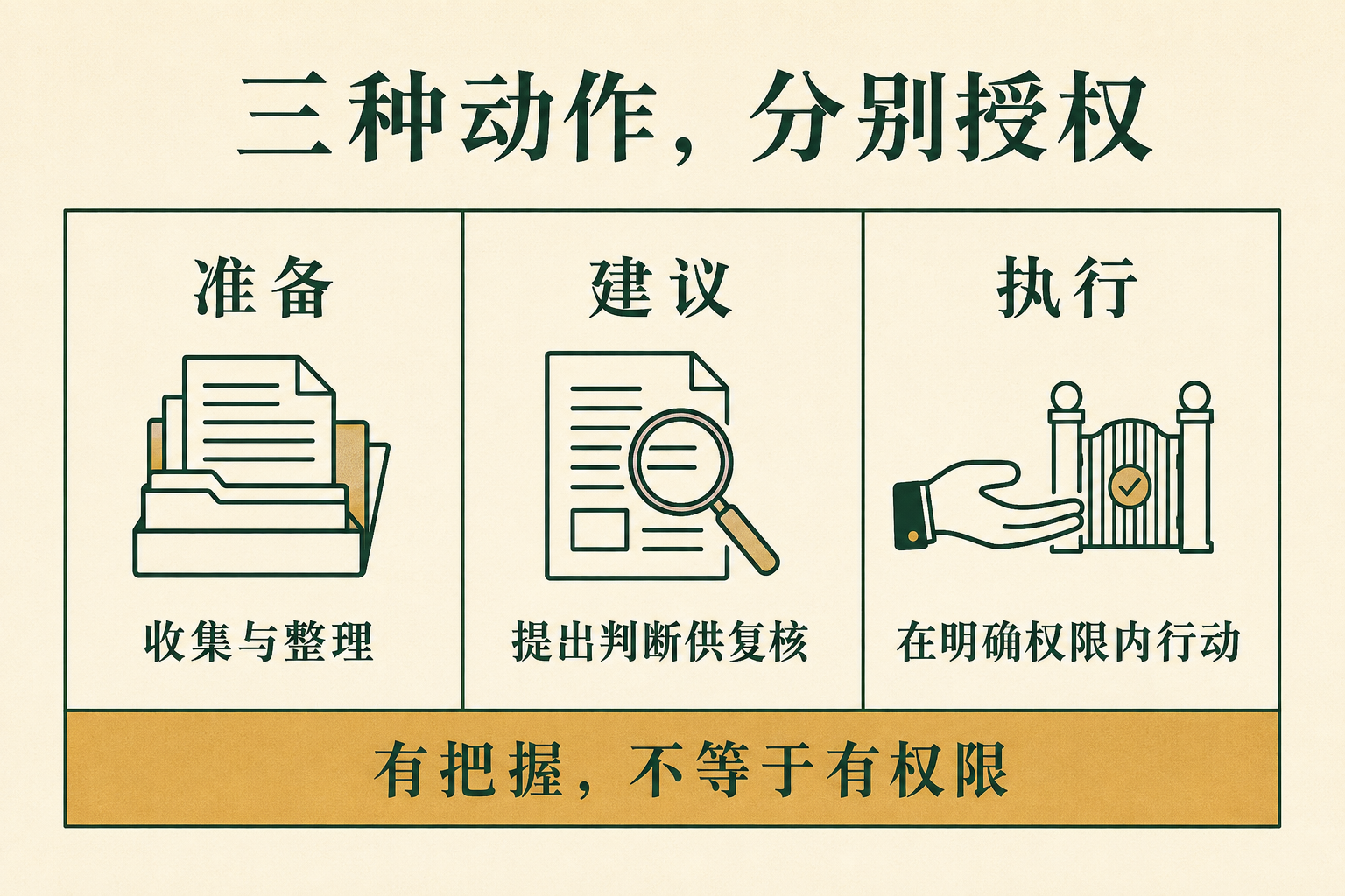 准备、建议、执行分别需要合适权限，判断有把握不等于被授权。